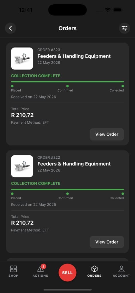 Rubyfields app — Orders
